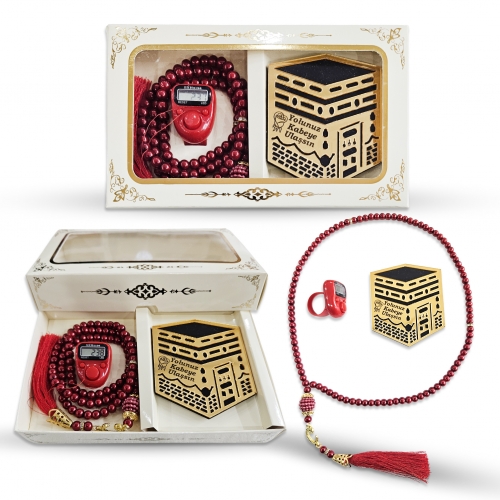 3l� �zel Tasar�m Kutulu Tesbih ve Magnet ve Zikirmatik Set - K�rm�z�