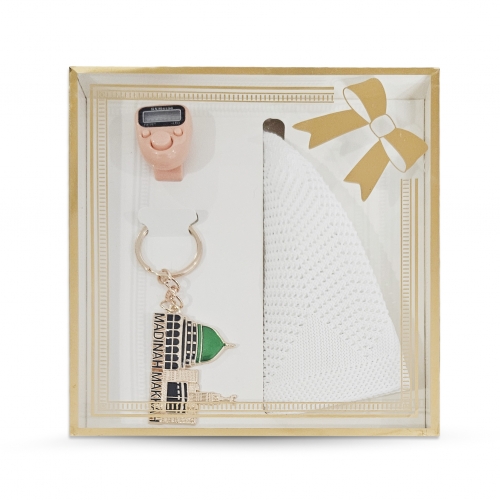 3l� �zel Tasar�m Kutulu Zikirmatik, Anahtarl�k Set ve Takke Set - Beyaz