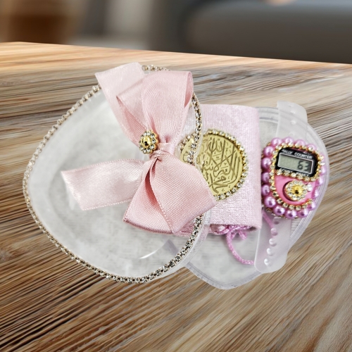2li Kalp Tasar�m Kutulu Mini Kuran ve Zikirmatik Set - Pembe